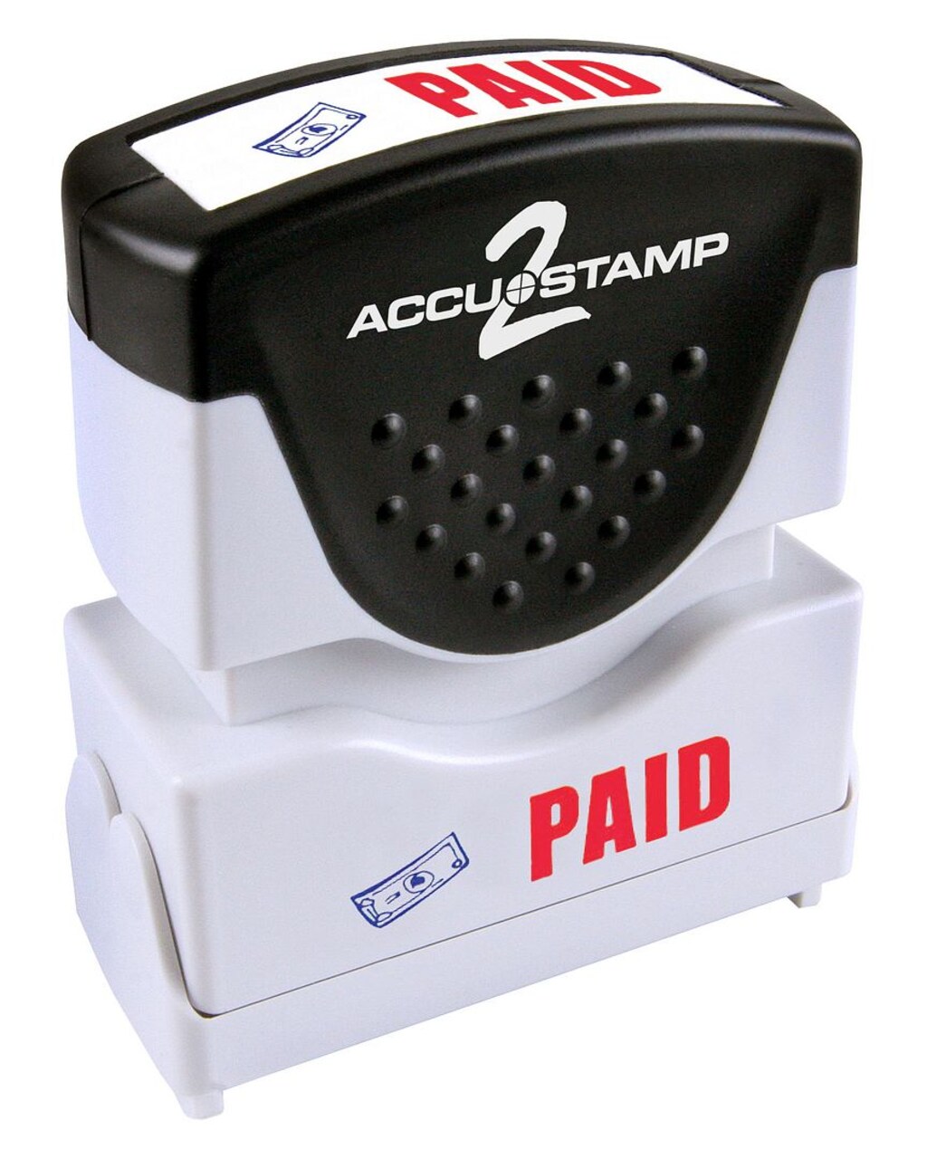 ACCUSTAMP2 Message Stamp, 2-color, Pre-inked, PAID, 1-5/8" x 1/2" impression size, Blue Message with Red Symbol